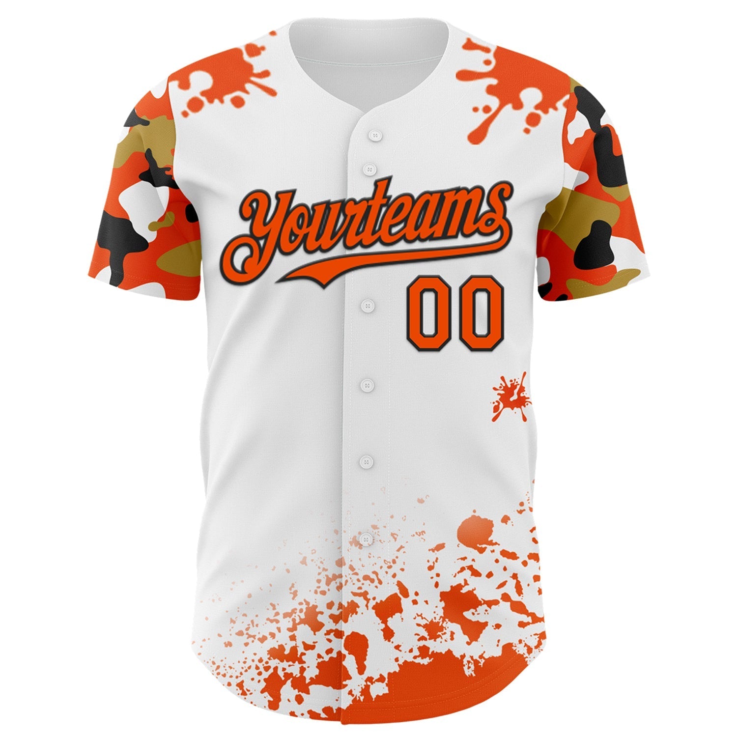 Custom White Orange Black-Old Gold Splatter Camo Two Tone Authentic Baseball Jersey baseball jersey product view 2