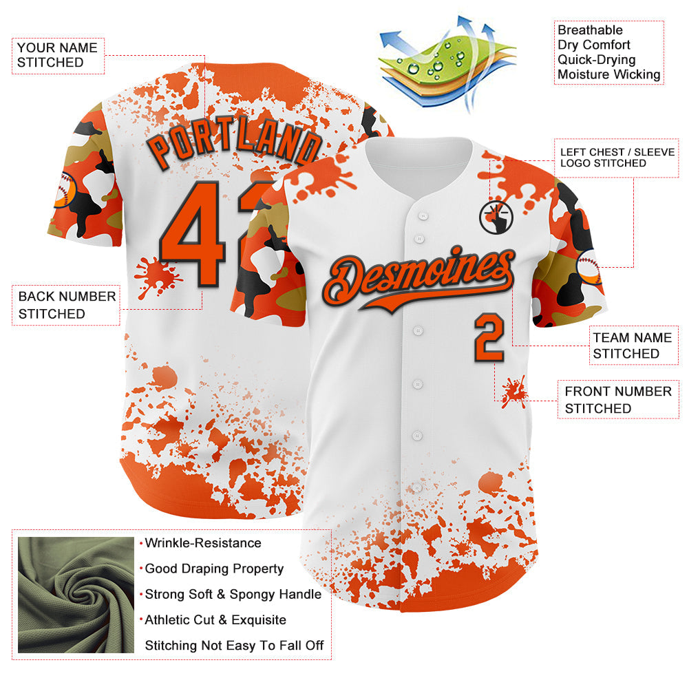 Custom White Orange Black-Old Gold Splatter Camo Two Tone Authentic Baseball Jersey baseball jersey product view 3