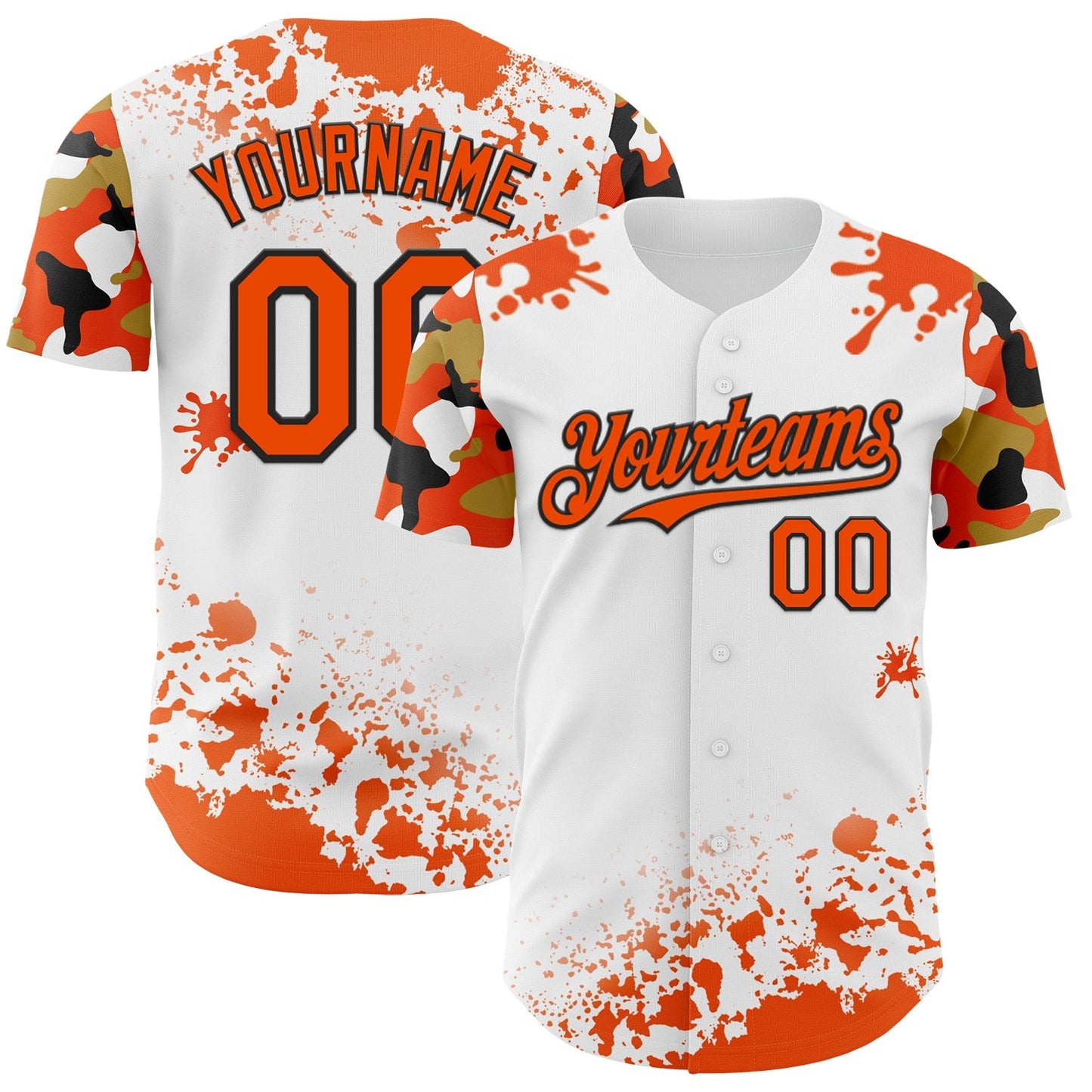 Custom White Orange Black-Old Gold Splatter Camo Two Tone Authentic Baseball Jersey baseball jersey product view 1