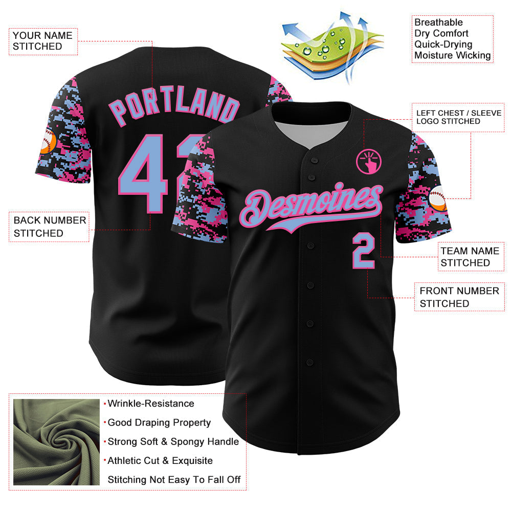 Custom Black Light Blue-Pink Digital Camo Two Tone Authentic Baseball Jersey baseball jersey product view 3