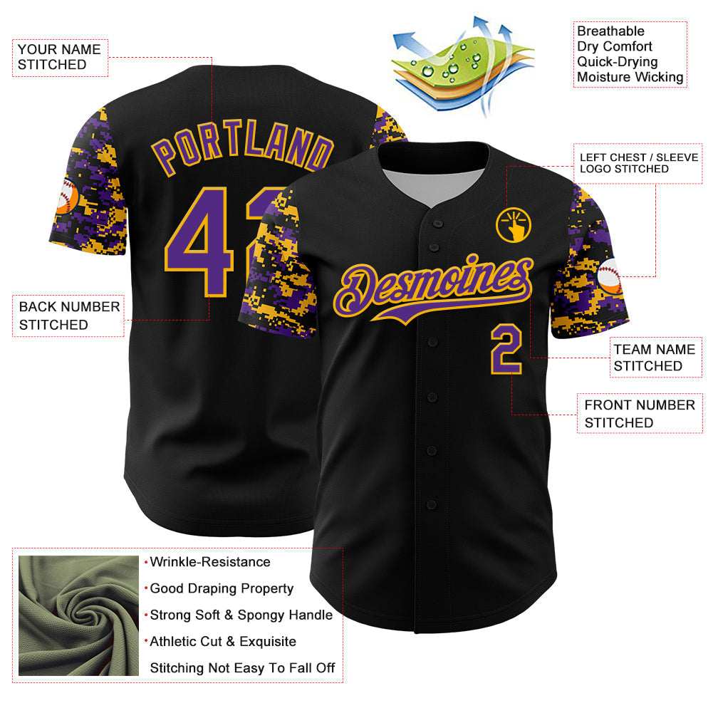 Custom Black Purple-Gold Digital Camo Two Tone Authentic Baseball Jersey baseball jersey product view 3
