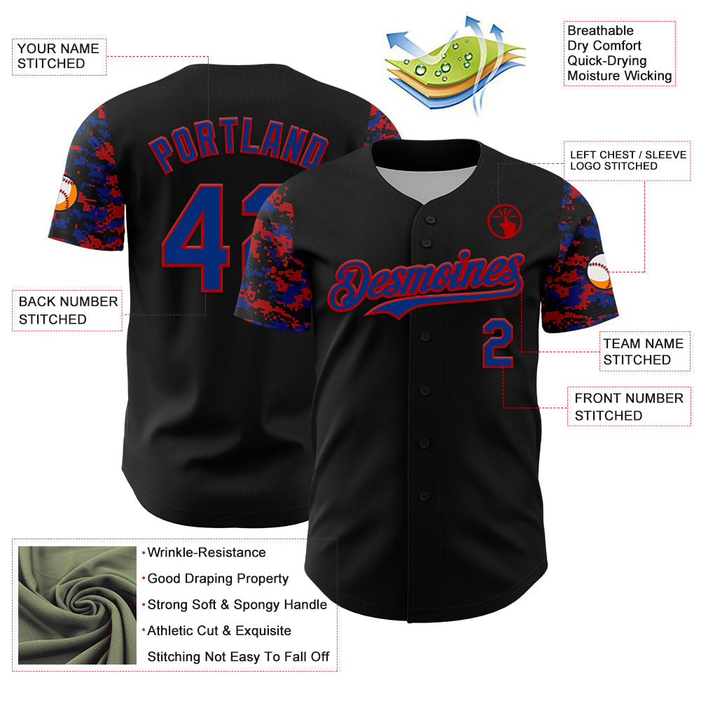 Custom Black Royal-Red Digital Camo Two Tone Authentic Baseball Jersey baseball jersey product view 3