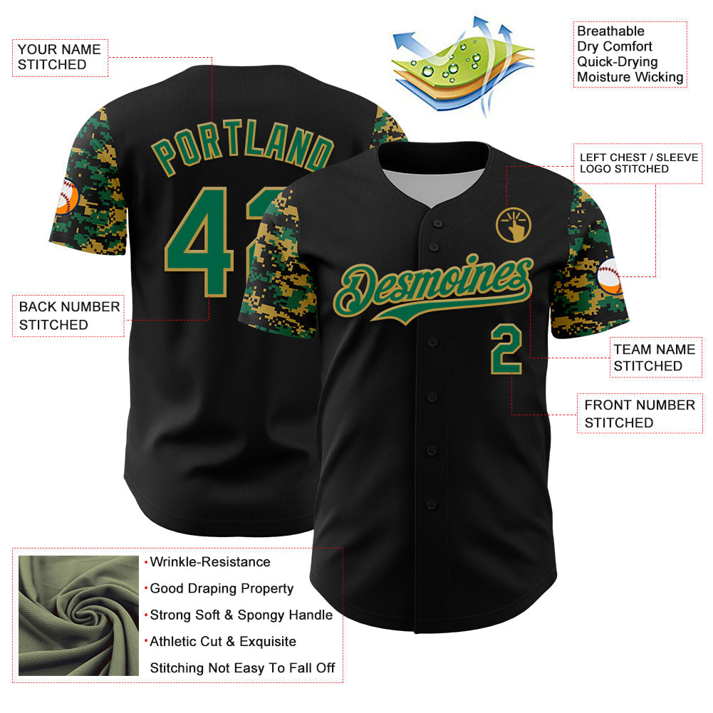 Custom Black Kelly Green-Old Gold Digital Camo Two Tone Authentic Baseball Jersey baseball jersey product view 3