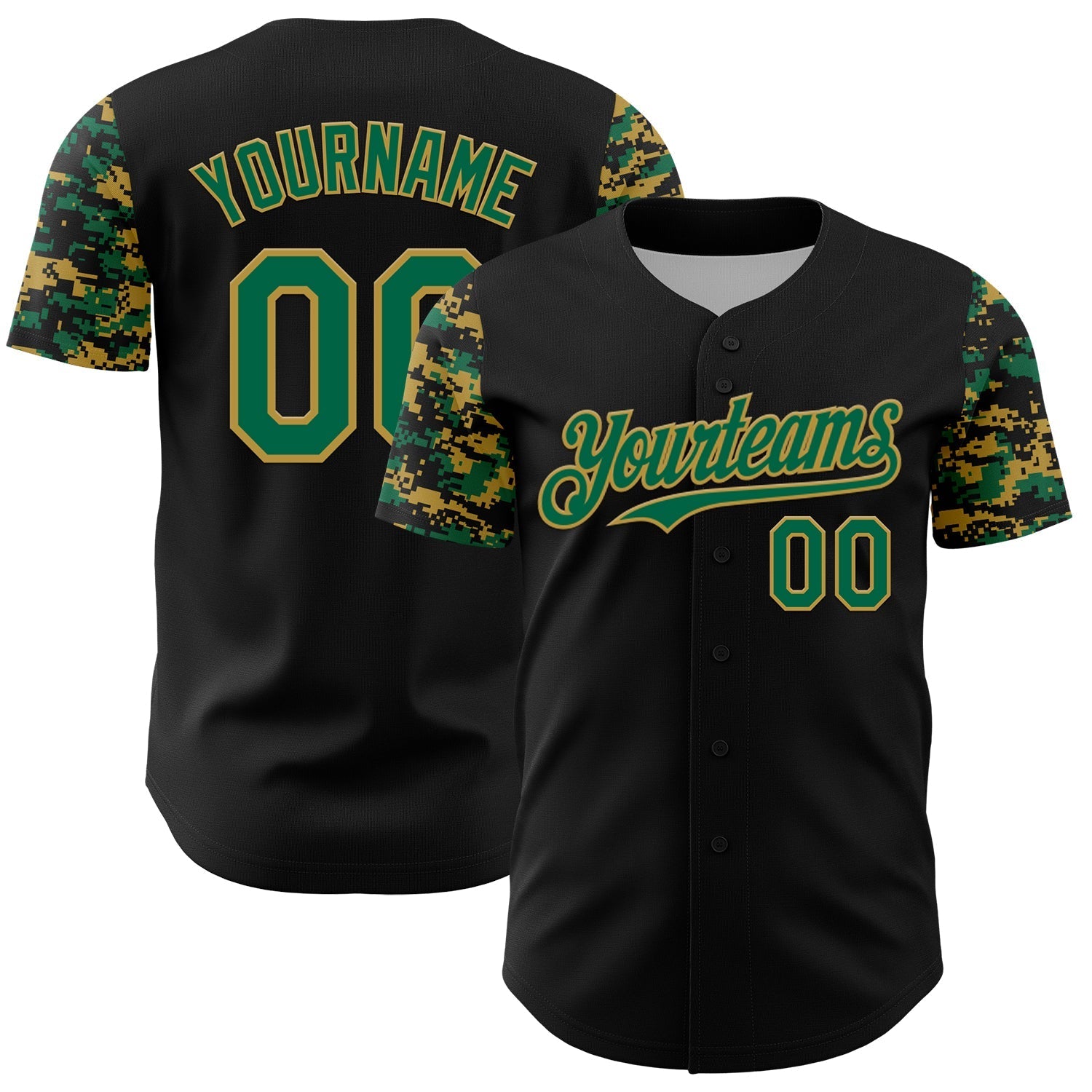 Custom Black Kelly Green-Old Gold Digital Camo Two Tone Authentic Baseball Jersey baseball jersey product view 1