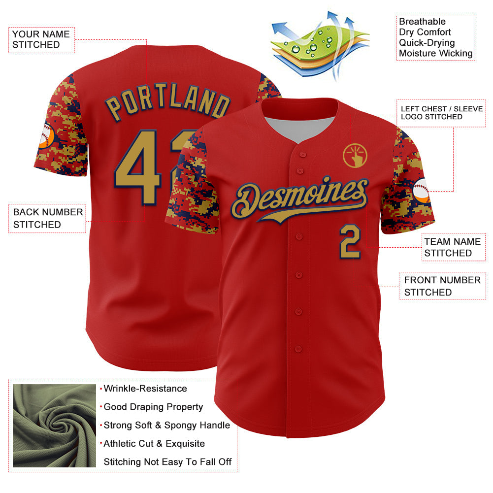 Custom Red Old Gold-Navy Digital Camo Two Tone Authentic Baseball Jersey baseball jersey product view 3
