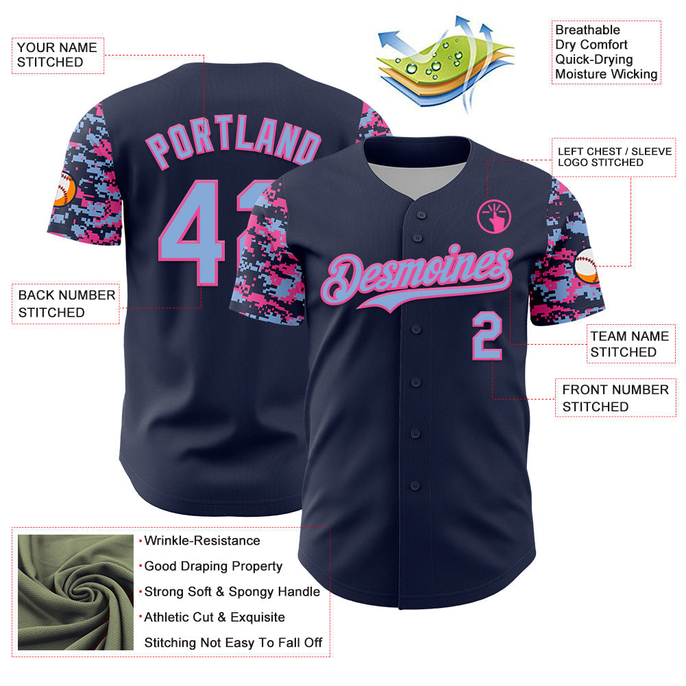 Custom Navy Light Blue-Pink Digital Camo Two Tone Authentic Baseball Jersey baseball jersey product view 3