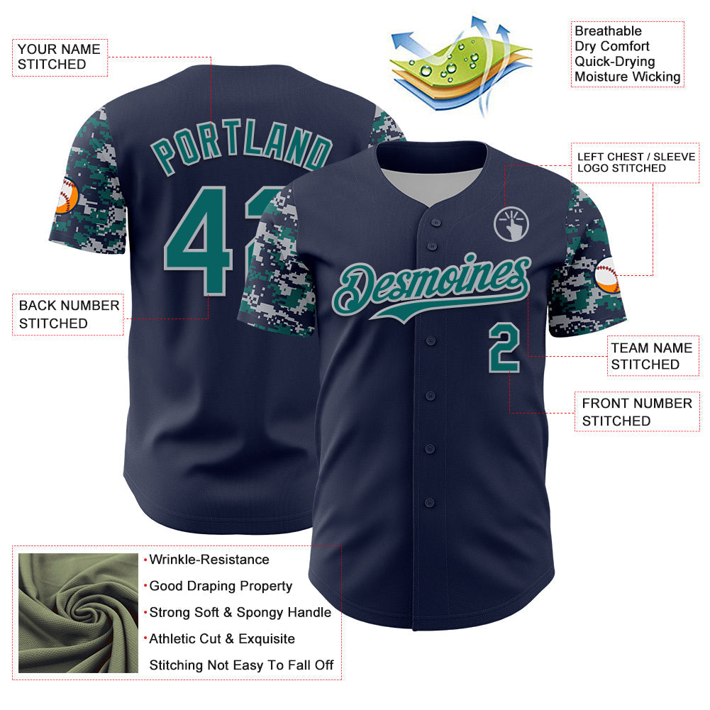 Custom Navy Teal-Gray Digital Camo Two Tone Authentic Baseball Jersey baseball jersey product view 3