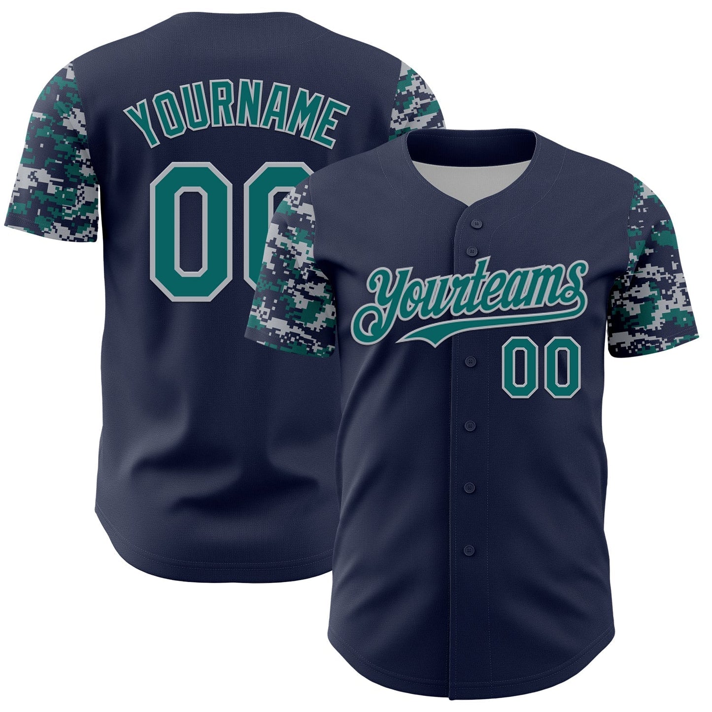 Custom Navy Teal-Gray Digital Camo Two Tone Authentic Baseball Jersey baseball jersey product view 1