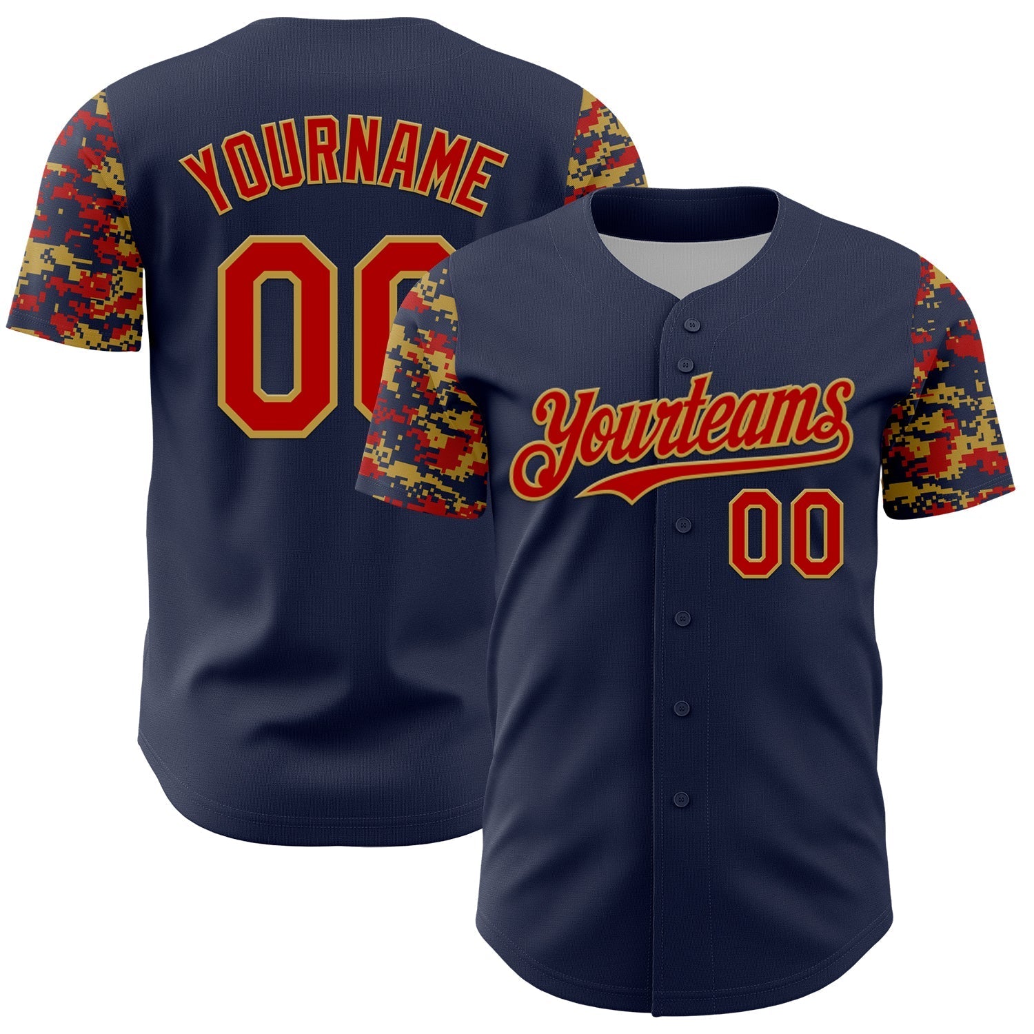 Custom Navy Red-Old Gold Digital Camo Two Tone Authentic Baseball Jersey baseball jersey product view 1