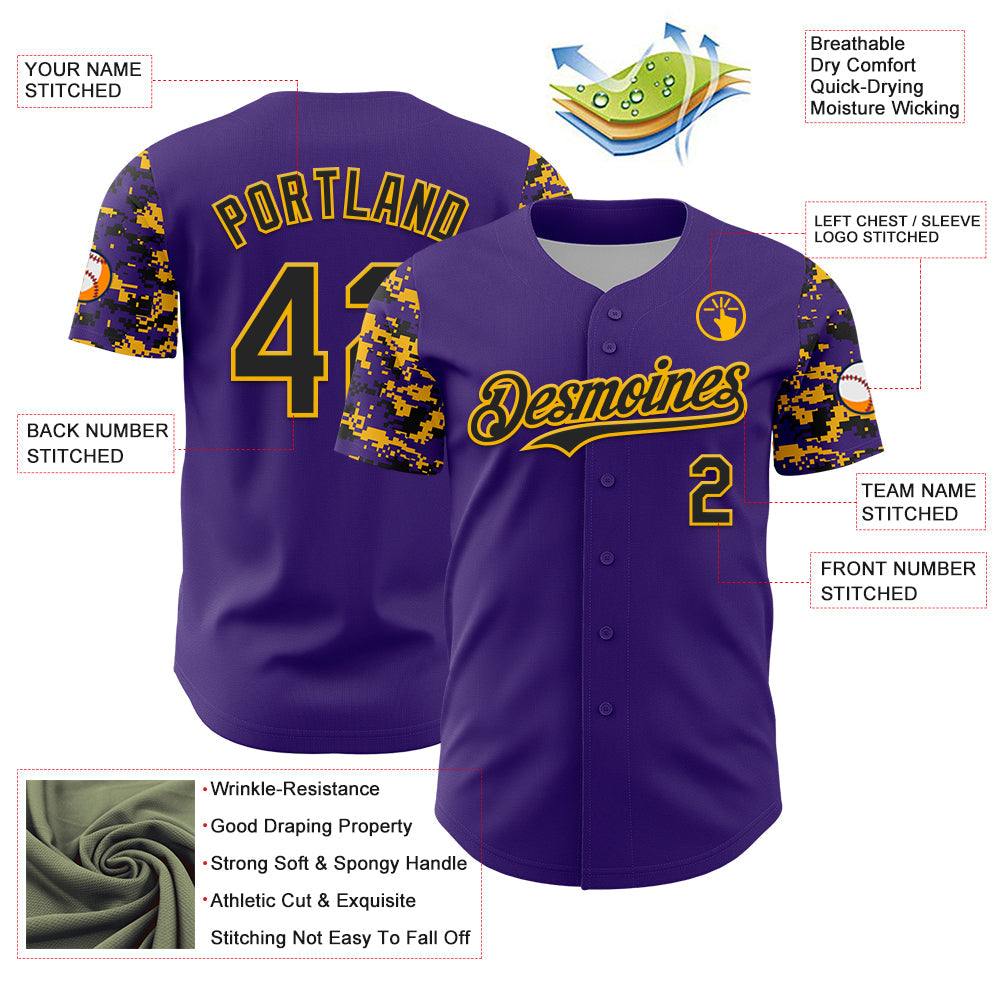 Custom Purple Black-Gold Digital Camo Two Tone Authentic Baseball Jersey baseball jersey product view 3