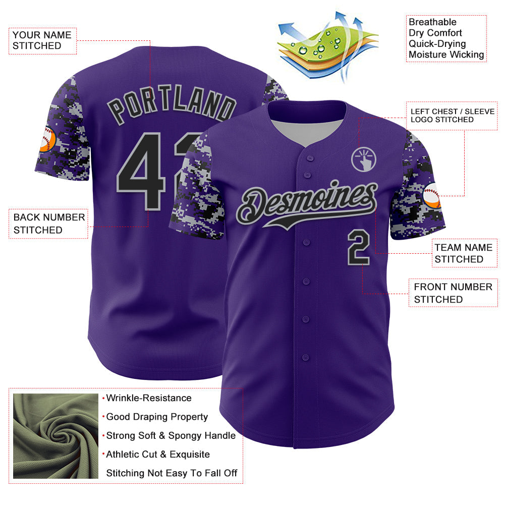 Custom Purple Black-Gray Digital Camo Two Tone Authentic Baseball Jersey baseball jersey product view 3