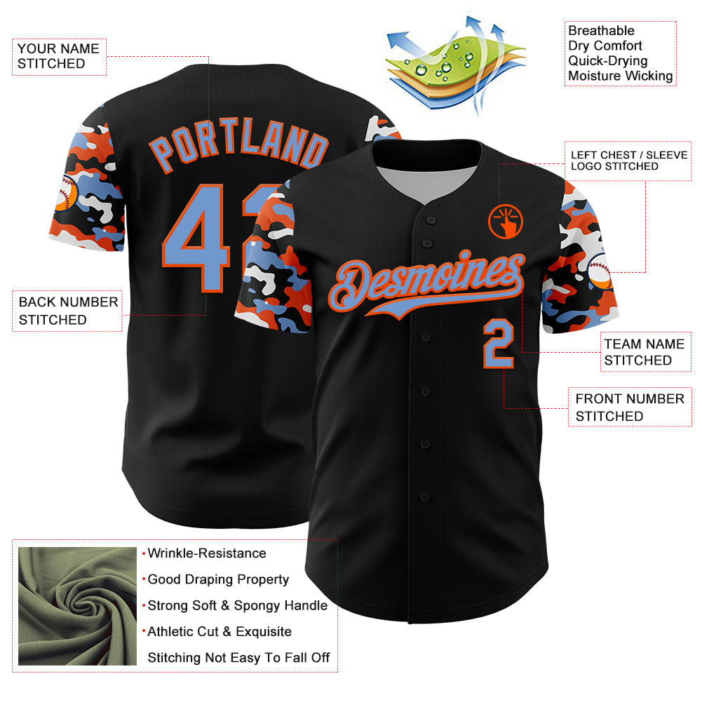 Custom Black Powder Blue Orange-White Digital Camo Two Tone Authentic Baseball Jersey baseball jersey product view 3