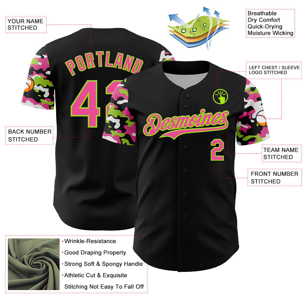 Custom Black Pink Neon Green-White Digital Camo Two Tone Authentic Baseball Jersey baseball jersey product view 3