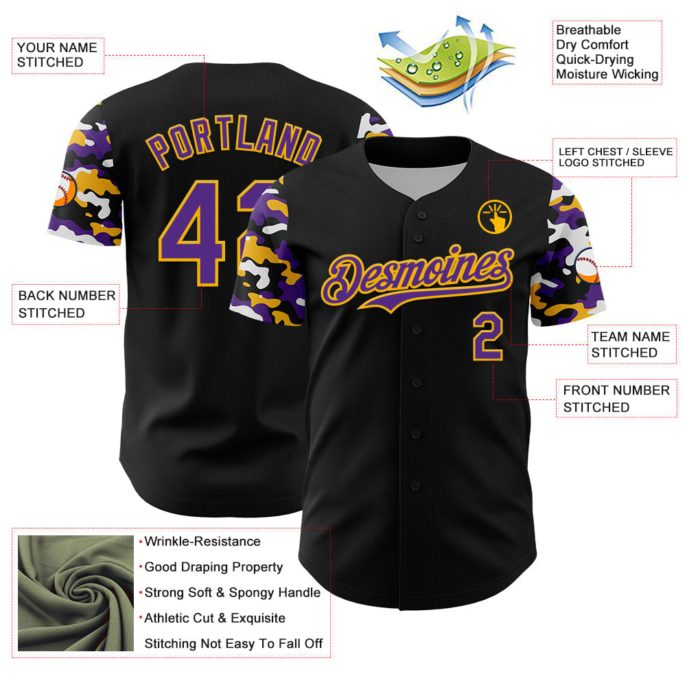 Custom Black Purple Gold-White Digital Camo Two Tone Authentic Baseball Jersey baseball jersey product view 3