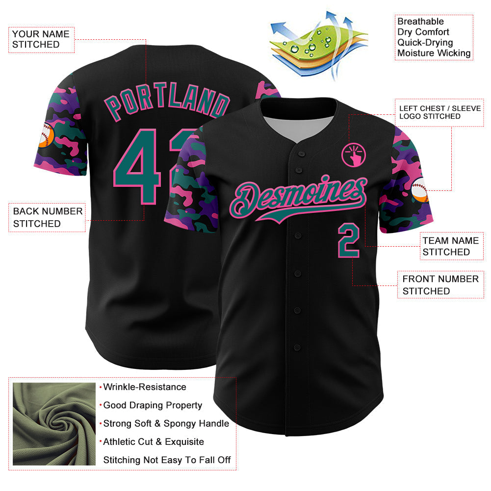 Custom Black Teal Pink-Purple Digital Camo Two Tone Authentic Baseball Jersey baseball jersey product view 3
