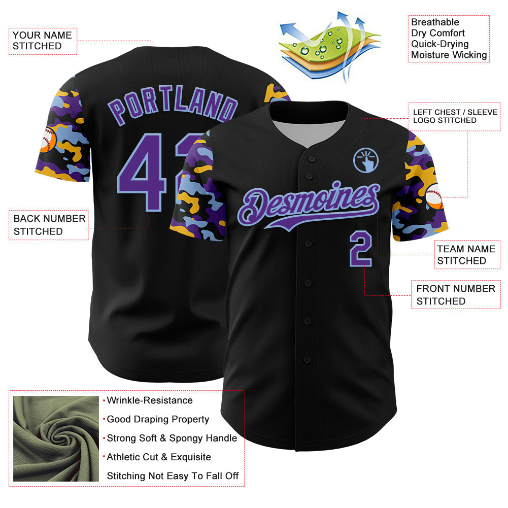 Custom Black Purple Light Blue-Gold Digital Camo Two Tone Authentic Baseball Jersey baseball jersey product view 3