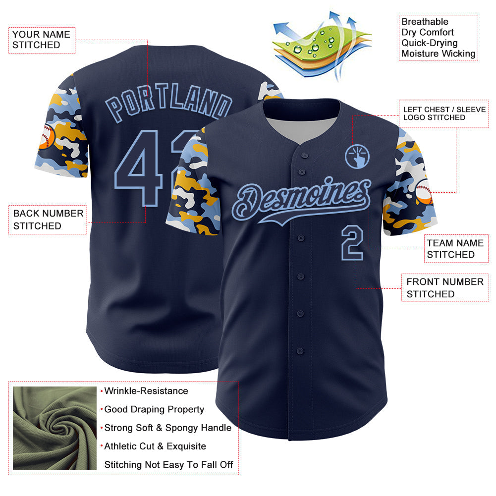 Custom Navy Light Blue Gold-White Digital Camo Two Tone Authentic Baseball Jersey baseball jersey product view 3