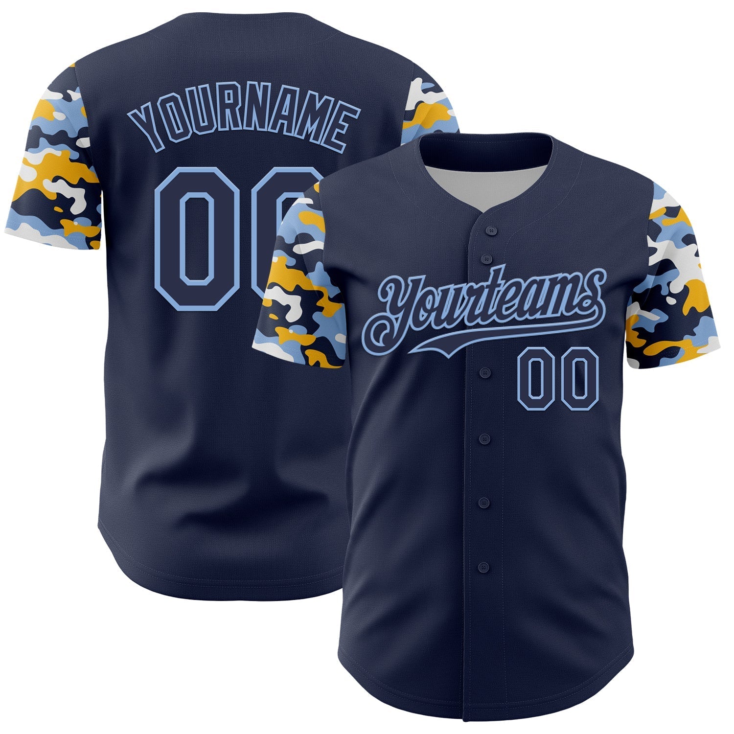 Custom Navy Light Blue Gold-White Digital Camo Two Tone Authentic Baseball Jersey baseball jersey product view 1
