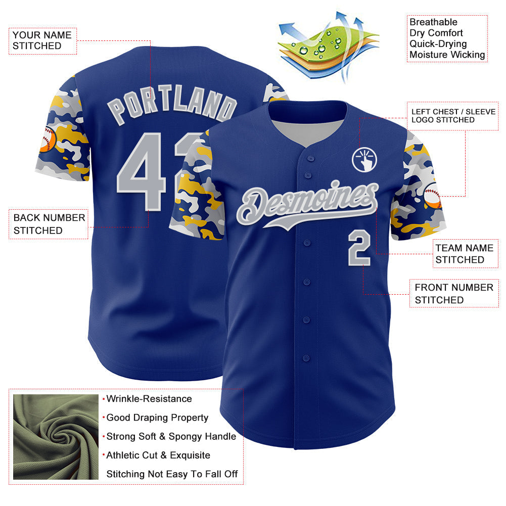 Custom Royal Gray White-Yellow Digital Camo Two Tone Authentic Baseball Jersey baseball jersey product view 3