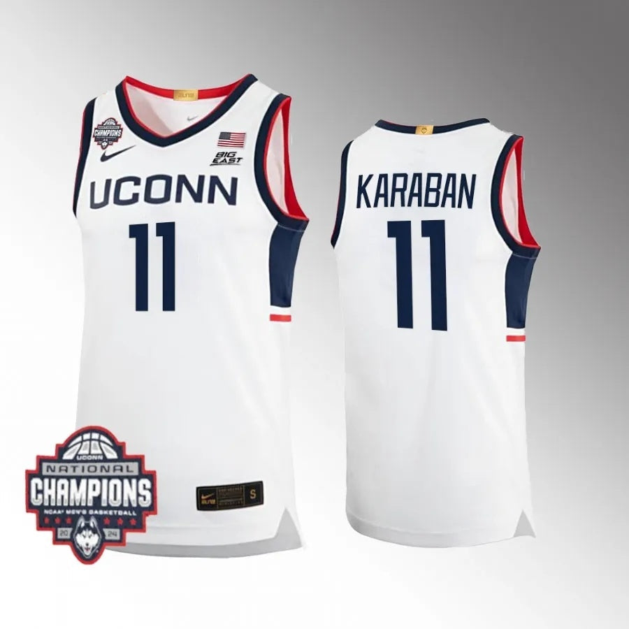 UConn Huskies #11 Alex Karaban 2024 NCAA Men's Basketball National Champions White College Football Jersey football jersey product view 1