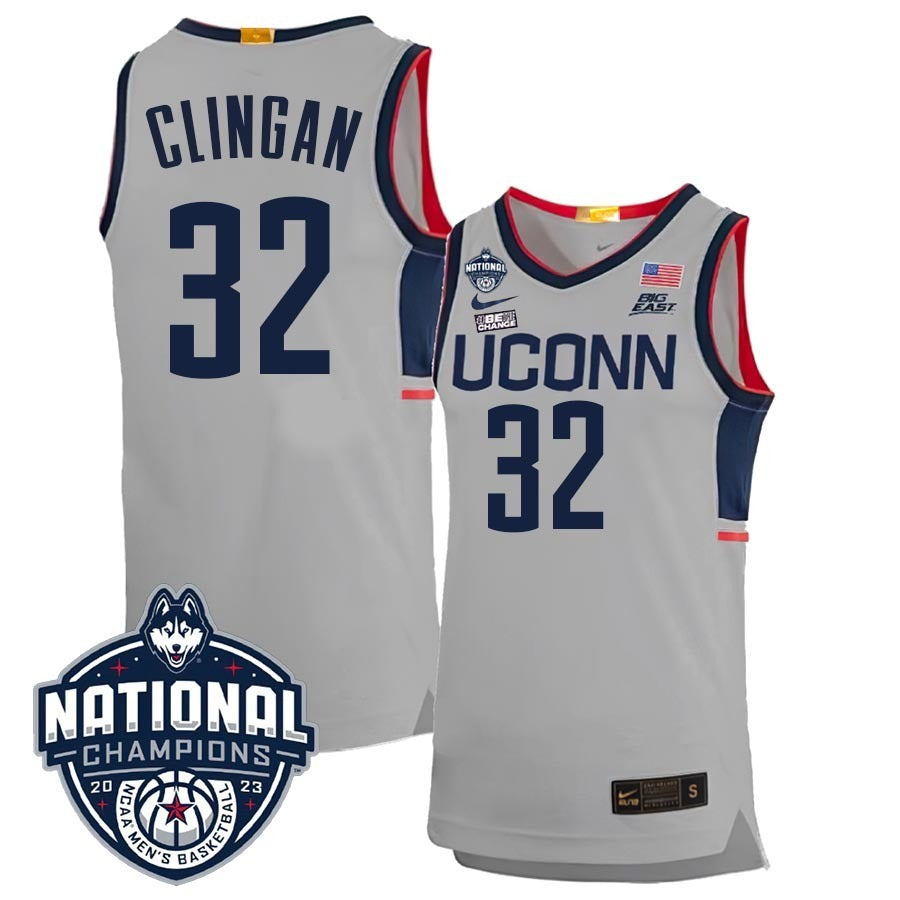 UConn Huskies #32 Donovan Clingan 2023 National Champions College Basketball Limited Jersey – Gray basketball jersey product view 1