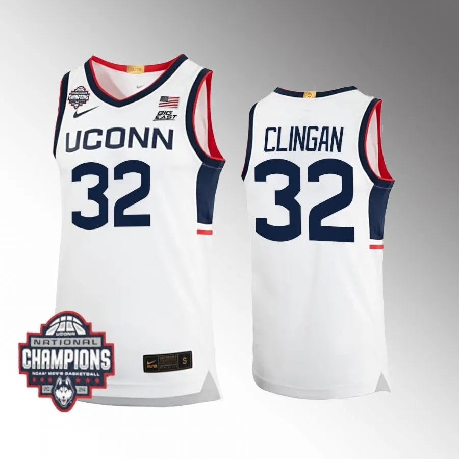 UConn Huskies #32 Donovan Clingan 2024 NCAA Men's Basketball National Champions White College Football Jersey football jersey product view 1
