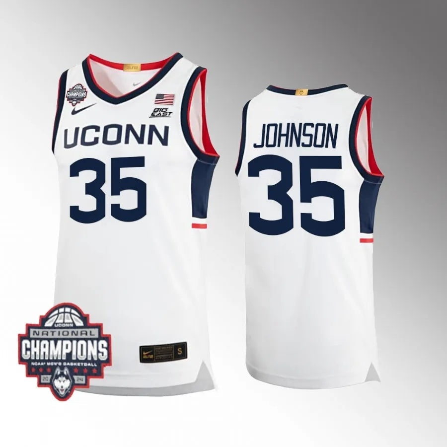 UConn Huskies #35 Samson Johnson 2024 NCAA Men's Basketball National Champions White College Football Jersey football jersey product view 1