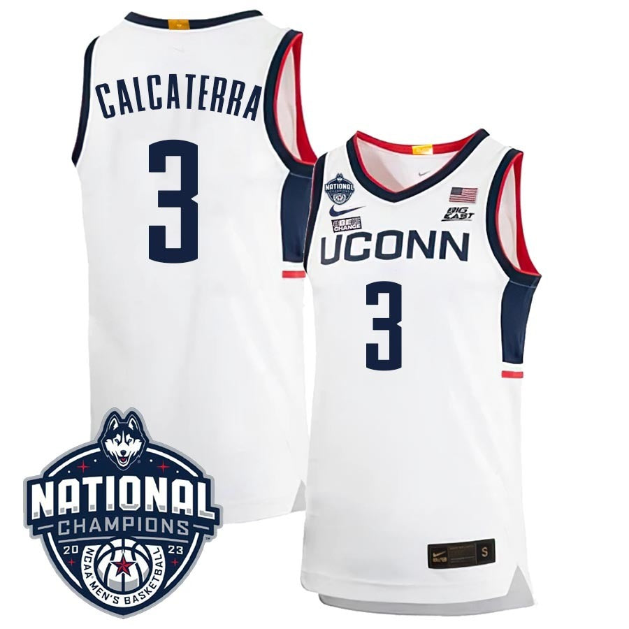 UConn Huskies #3 Joey Calcaterra 2023 National Champions College Basketball Limited Jersey – White Home basketball jersey product view 1