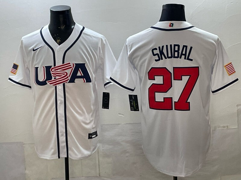 USA Baseball #27 Mike Trout Navy 2026 World Baseball Classic 26 World Cup Soccer Jersey baseball jersey product view 1