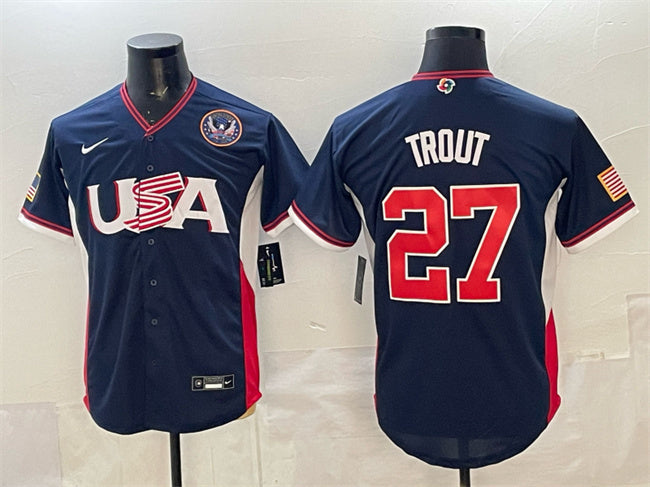 USA Baseball #27 Mike Trout Navy 2026 World Baseball Classic United States 250th Hockey Jersey hockey jersey product view 1