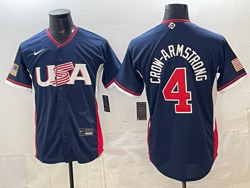 USA Baseball #4 Pete Crow-Armstrong Navy 2026 World Baseball Classic 26 World Cup Soccer Jersey baseball jersey product view 1