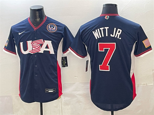USA Baseball #7 Bobby Witt Jr. Navy 2026 World Baseball Classic United States Hockey Jersey hockey jersey product view 1