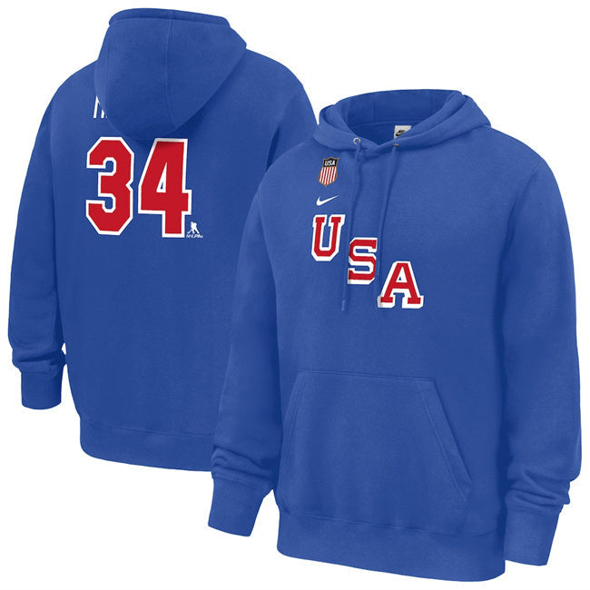 US Hockey #34 Auston Matthews Royal 2026 Name & Number Hoodie Hockey Jersey hockey jersey product view 1