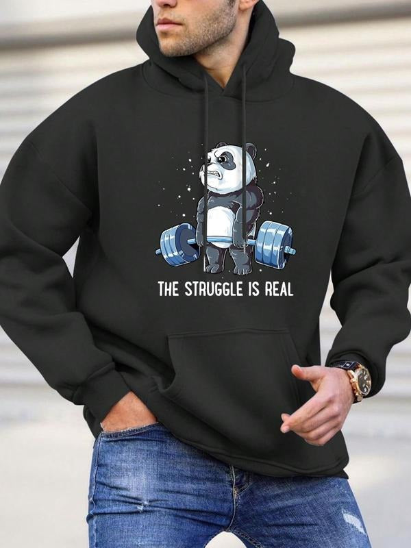 Unisex Men'WB shield Cartoon Panda & Letter Print Drawstring Hoodie, Regular Fit Essentials Hoodie, Casual Comfy Pocket Pullover Hooded Sweatshirt For Daily Wear, Men'WB shield TNF For Spring & Fall - T-Shirt, Sweatshirt, Hoodie