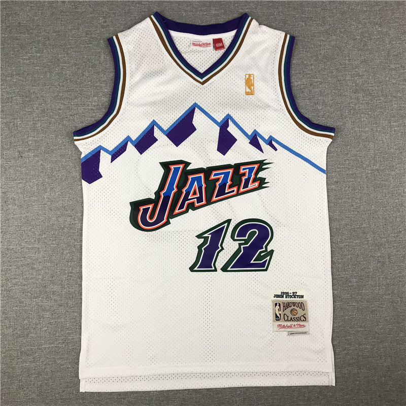 Utah Jazz #12 John Stockton MN Jazz 12 White Retro Gold Logo Style 2 Basketball Jersey basketball jersey product view 1