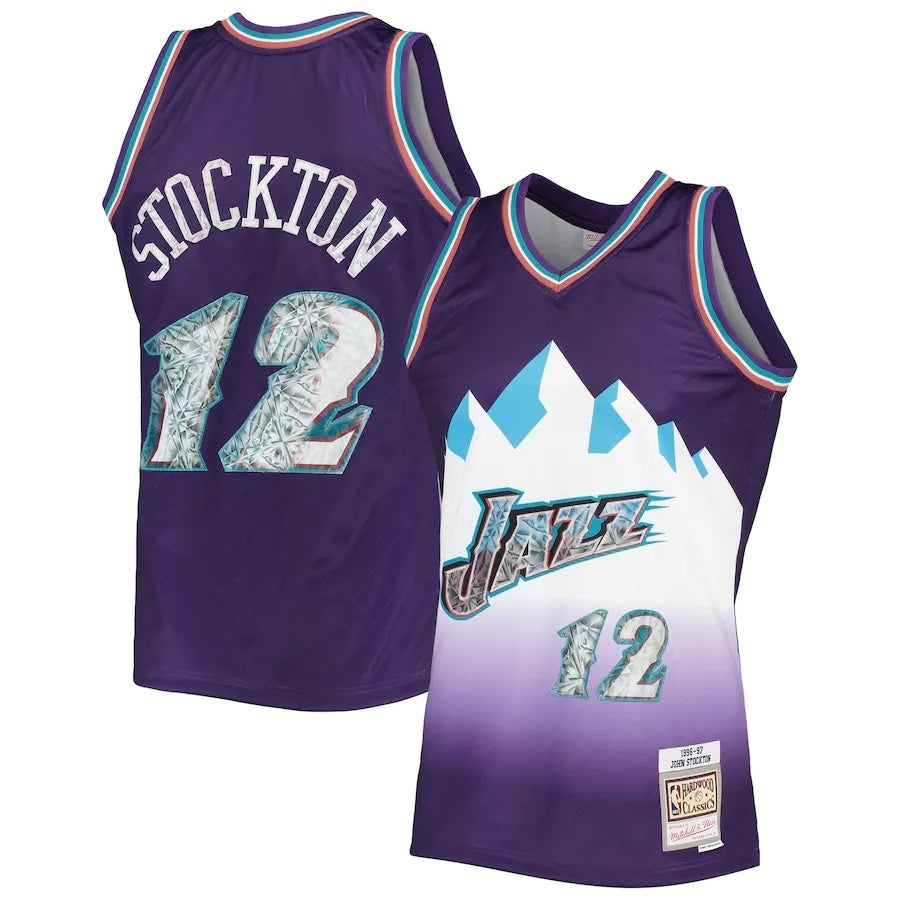 Utah Jazz #12 John Stockton Mitchell & Ness 1996-97 Hardwood Classics 75th Anniversary Diamond Swingman Jersey - Purple basketball jersey product view 1