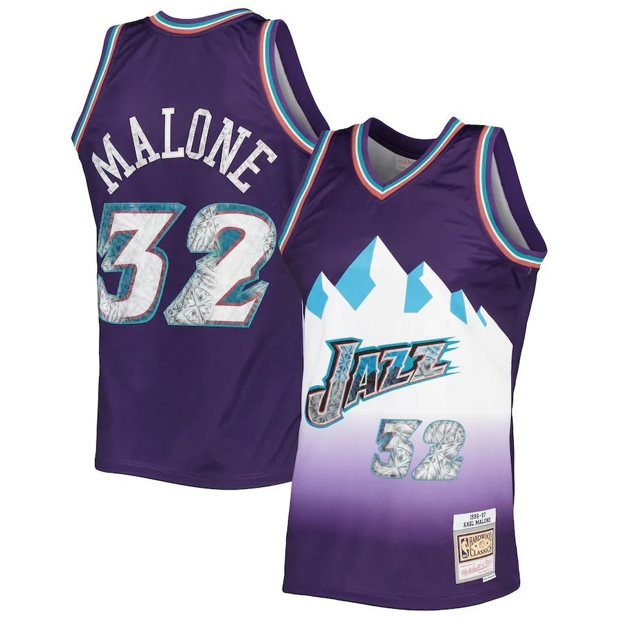 Utah Jazz #32 Karl Malone Mitchell & Ness 1996-97 Hardwood Classics 75th Anniversary Diamond Swingman Jersey - Purple basketball jersey product view 1