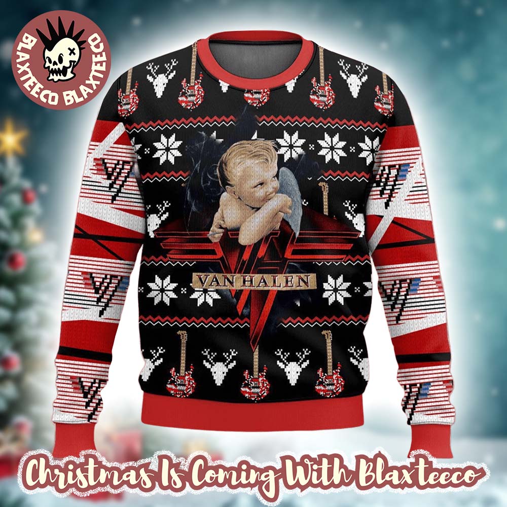 Van Halen 1984 Baby Angel Album Cover Art With Signature Guitar Pattern Knitted Ugly Christmas Sweater - T-Shirt, Sweatshirt, Hoodie