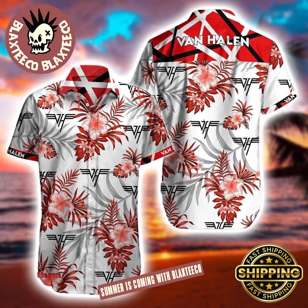 Van Halen Logo Tropical In White Hawaiian Shirt 2025 Gift For Fans Unisex T-shirt, Sweatshirt, Hoodie, Long Sleeve Tee - T-Shirt, Sweatshirt, Hoodie