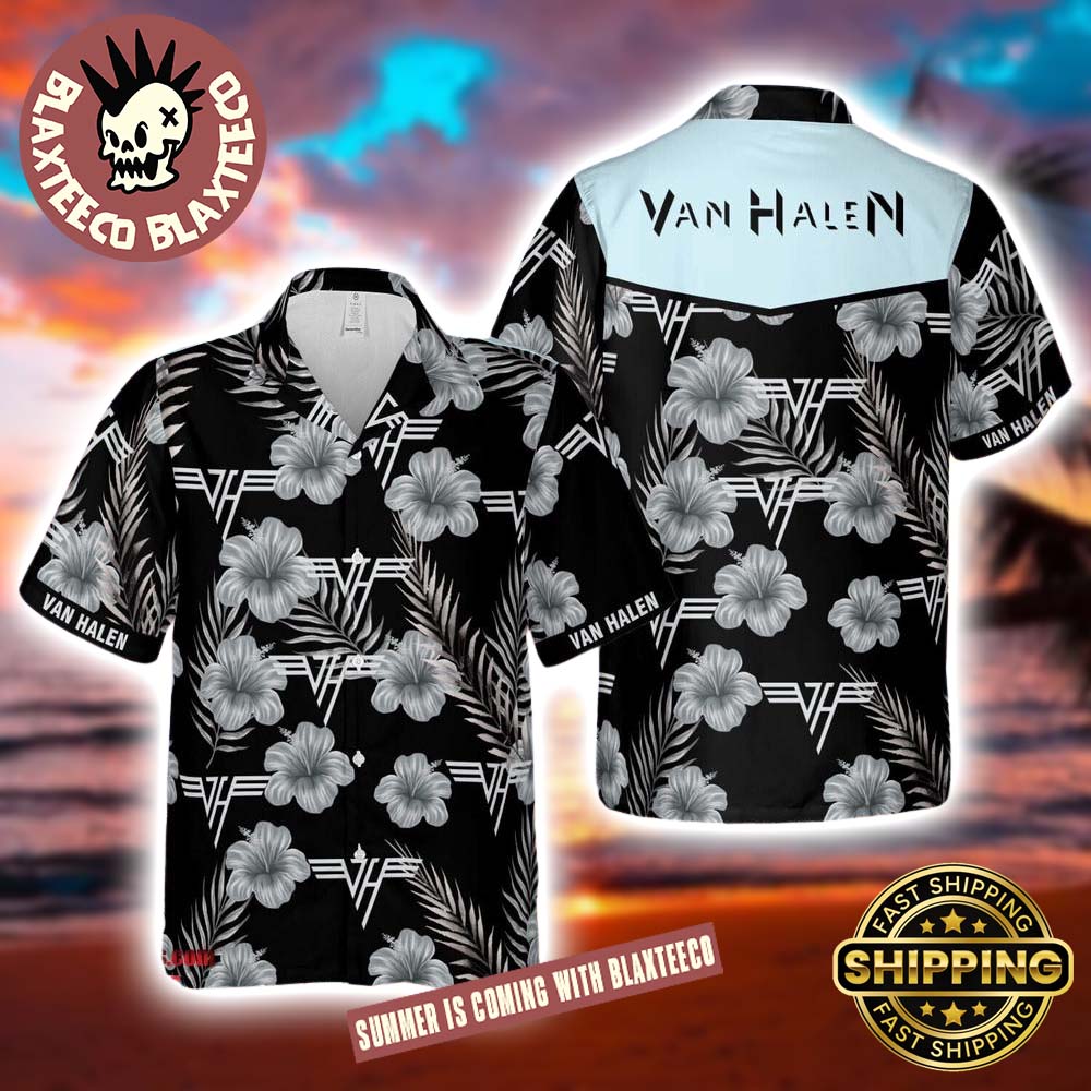 Van Halen Logo With Grey Hibiscus Pattern Black And White Hawaiian Shirt 2025 Unisex T-shirt, Sweatshirt, Hoodie, Long Sleeve Tee - T-Shirt, Sweatshirt, Hoodie