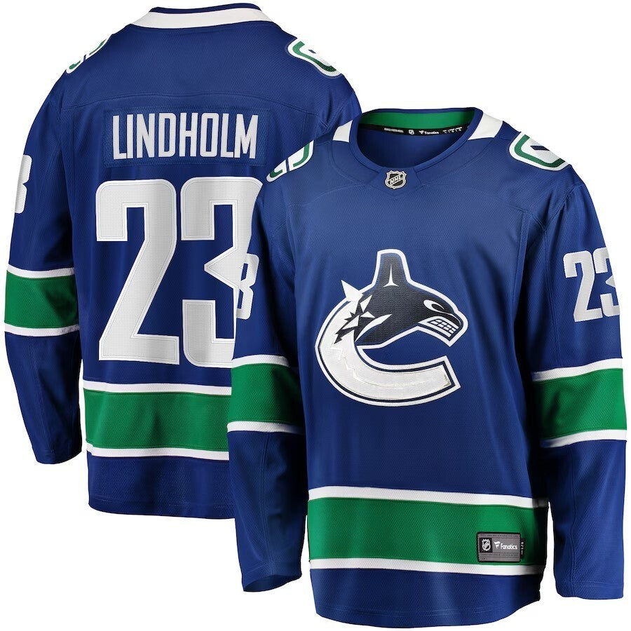 Vancouver Canucks #23 Elias Lindholm Home Premier Breakaway Player Jersey - Blue Hockey Jersey hockey jersey product view 1