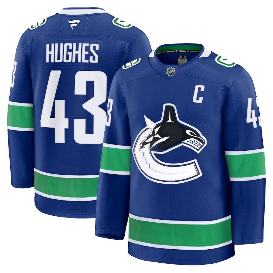Vancouver Canucks #43 Quinn Hughes Home Premium Jersey - Blue Hockey Jersey hockey jersey product view 1