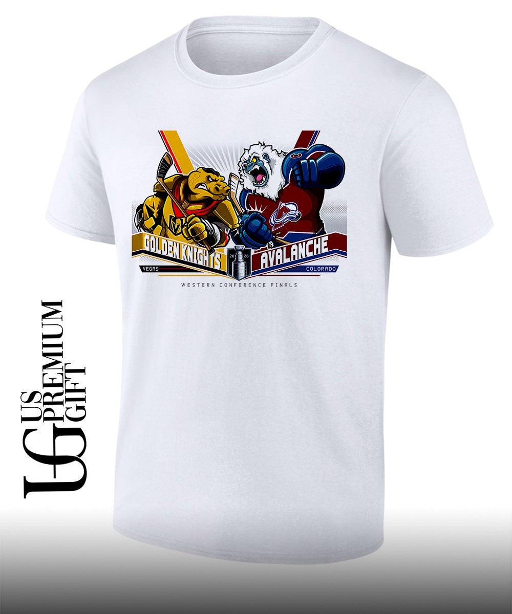 Vegas Golden Knights vs Colorado Avalanche 2026 Western Conference Finals mascot shirt Unisex T-shirt, Sweatshirt, Hoodie, Long Sleeve Tee - T-Shirt, Sweatshirt, Hoodie