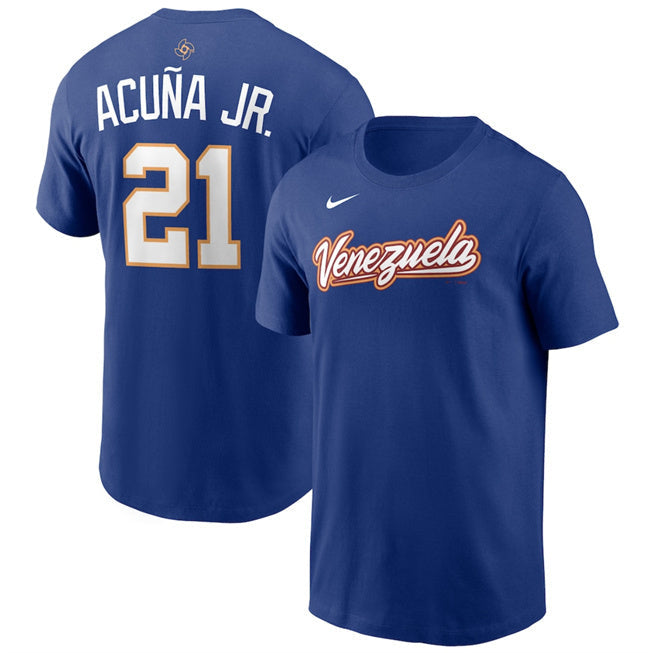 Venezuela Baseball #21 Ronald Acuna Jr. Rush Blue 2026 World Baseball Classic Name & Baseball Jersey baseball jersey product view 1