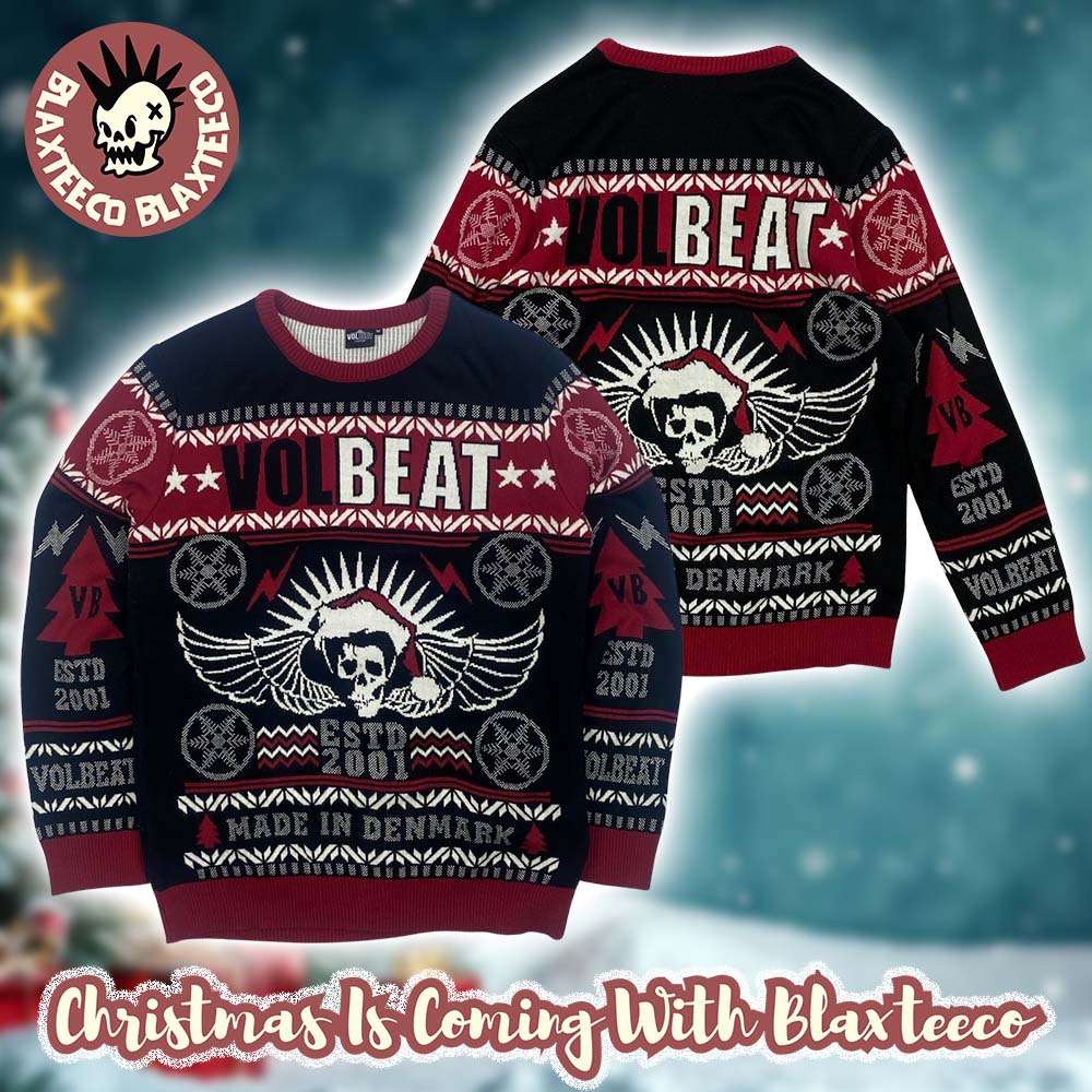Volbeat ESTD 2001 Made In Denmark Skull Wings With Santa Hat Bravado Vintage Knitted Ugly Christmas Sweater - T-Shirt, Sweatshirt, Hoodie