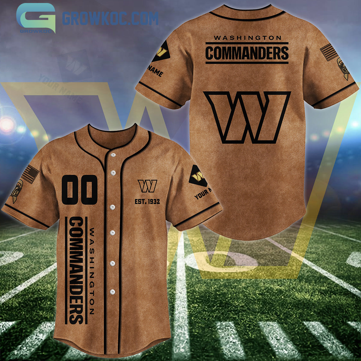 Washington Commanders Brown American Flag Personalized Baseball Jersey baseball jersey product view 1