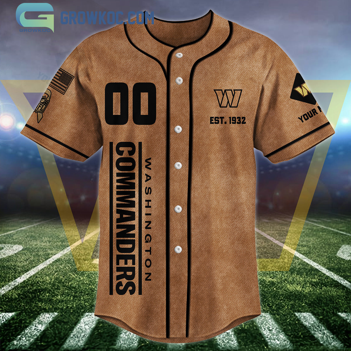 Washington Commanders Brown American Flag Personalized Baseball Jersey baseball jersey product view 3