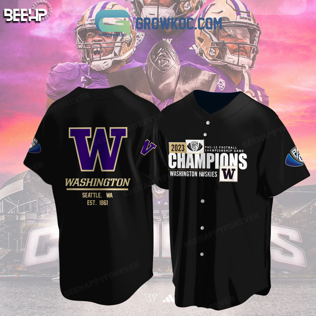 Washington Huskies 2023 Pac 12 Championship Game Black Design Baseball Jersey baseball jersey product view 1