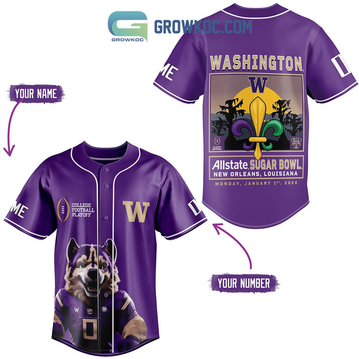 Washington Huskies Allstate Sugar Bowl Personalized Baseball Jersey baseball jersey product view 1