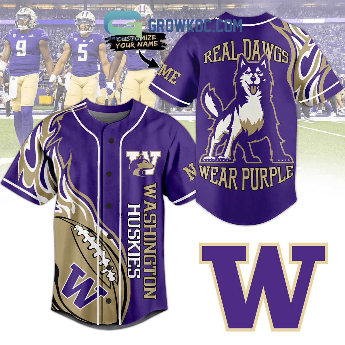 Washington Huskies Real Dawgs Wear Purple Personalized Baseball Jersey baseball jersey product view 1